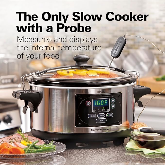 Hamilton Beach Portable 6 Quart Set & Forget Digital Programmable Slow Cooker with Lid Lock, Temperature Probe, Dishwasher Safe Crock & Lid, Stainless Steel (33969A)