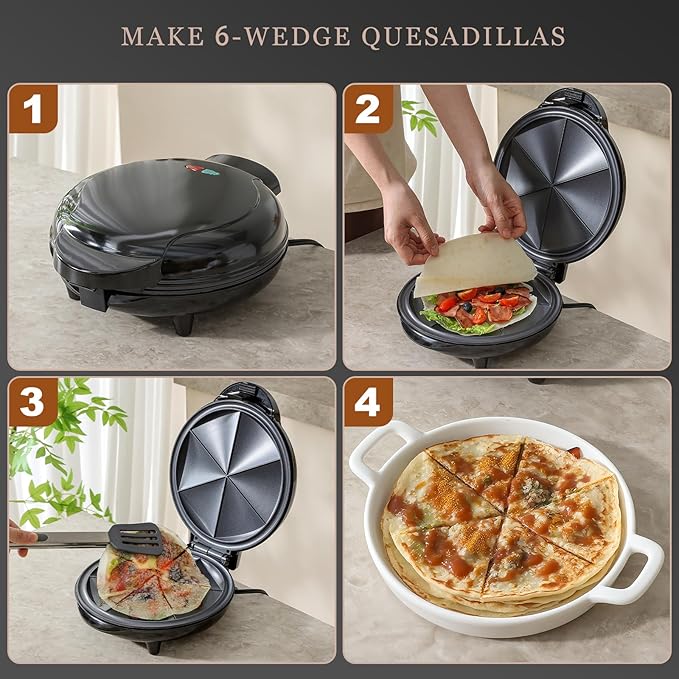 UVFAST Electric Quesadilla Maker Taco Tuesday, 9.5'' Quesadilla Press Non-Stick, Easy-Slice 6-Wedge Tortilla Cooker, Grilled Cheese Corn Flour Tortilla Snacks, Black