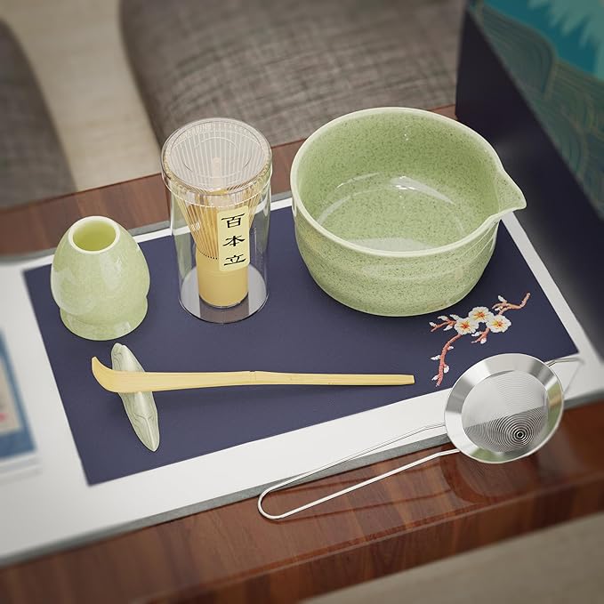 8-Piece Matcha Whisk Set – Ceramic Bowl & Bamboo Tools, Complete Japanese Matcha Tea Ceremony Kit, Green Speckled Chawan with Spout, Matcha Starter Set for Home Rituals & Gifts