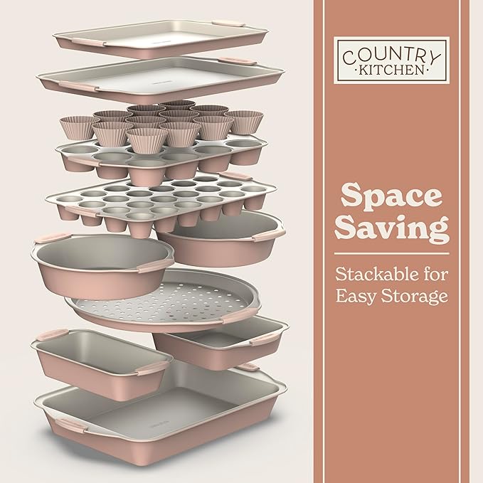 Country Kitchen Nonstick Stackable Bakeware Set - Durable, Easy Release Baking Set- 22 Pc. Includes Silicone Muffin Cups