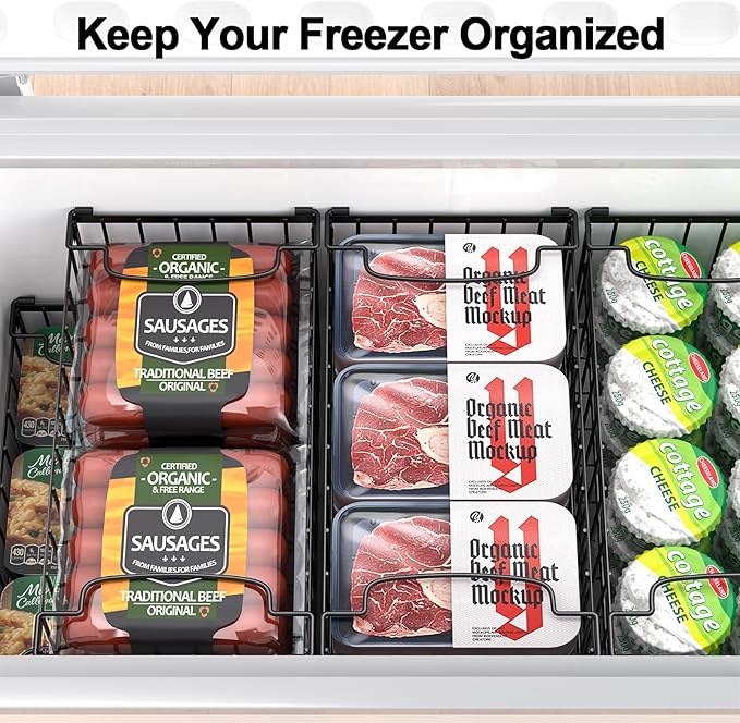 Freezer Organizer Bins, 4 Pack Stackable Deep Chest Freezer Organizer Bins, Foldable Baskets with Handles, Black Storage Container Baskets for 5/ 7 Cu.FT Deep Freezer Sort Frozen Meats