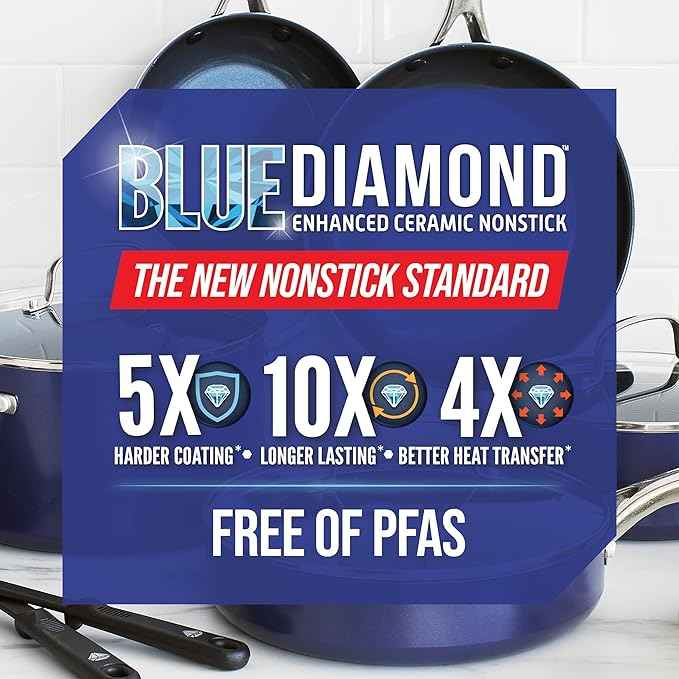 Blue Diamond 14 Piece Cookware Set, Diamond Infused PFAS & PFOA-Free Ceramic Nonstick Pots and Pans, Durable, Non Toxic, Metal Utensil Safe & Scratch Resistant, Dishwasher & Oven Safe, Blue
