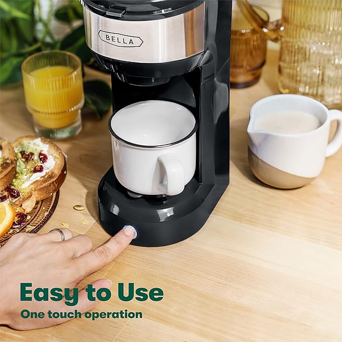 BELLA Dual Brew Single Serve Coffee Maker, Brews both Kcup and Ground Coffee, Large 14oz Capacity, Easy One Touch, Auto Shutoff, Black