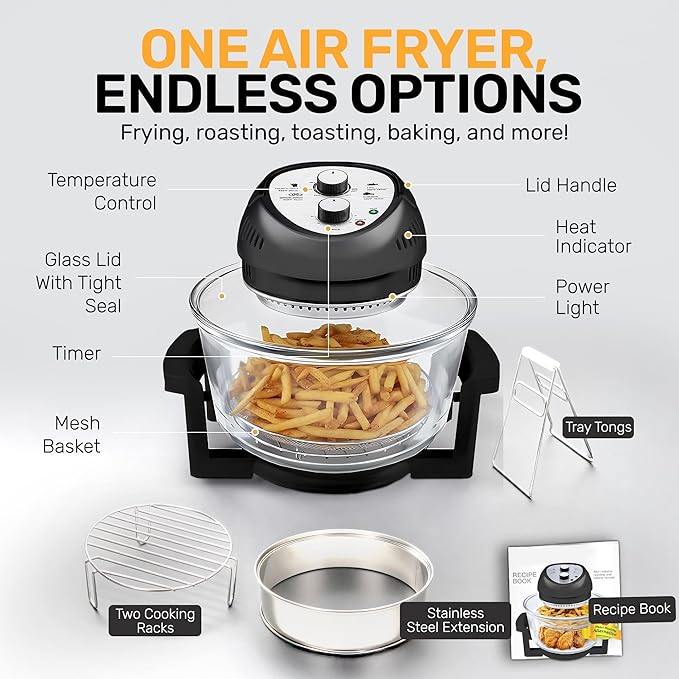 Granitestone 16Qt Large Glass Air Fryer Non Toxic – Family Sized Airfyrer Cooker with 3 Cooking Sections, Stainless Steel Racks, for French Fries, Chicken, No Preheat, Self Cleaning, Dishwasher Safe