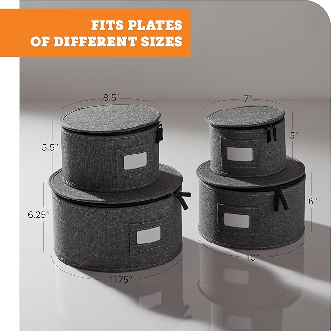 storageLAB China Storage Containers, Hard Shell Case with Felt Dividers for Charger Plates, and Dishes, Ideal for Kitchen Organization, Moving Supplies, and Fine China Storage - 4-Piece Set, Gray