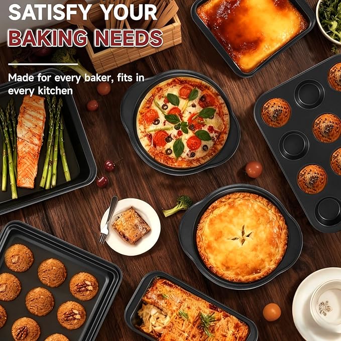 Unokit 8-Piece Nonstick Baking Pans Set - Stainless Steel Bakeware Set Stackable Trays with Cookie Sheets, Cake, Loaf, Round & Square Pan and Cooling Rack, Dishwasher & Oven Safe