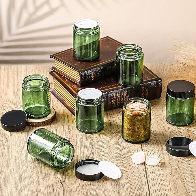 Domensi 24 Pcs Bulk 6oz Glass Jars with Lids Leakproof Round Airtight Empty Cosmetic Jars with Inner Liners Lid for Storing Lotions Spices Ointments Food Storage (Olive Green)
