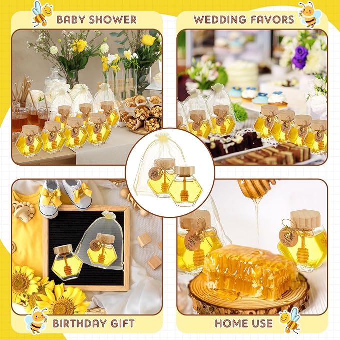 Pickmesh 24 Pcs Hexagonal Glass Honey Jars with Spoon, 3.38 oz Honey Dispenser with Wooden Spoon Bee Charm Thank You Card Organza Bag Mini glass Jars for Baby Shower Wedding Party Favor Decorations