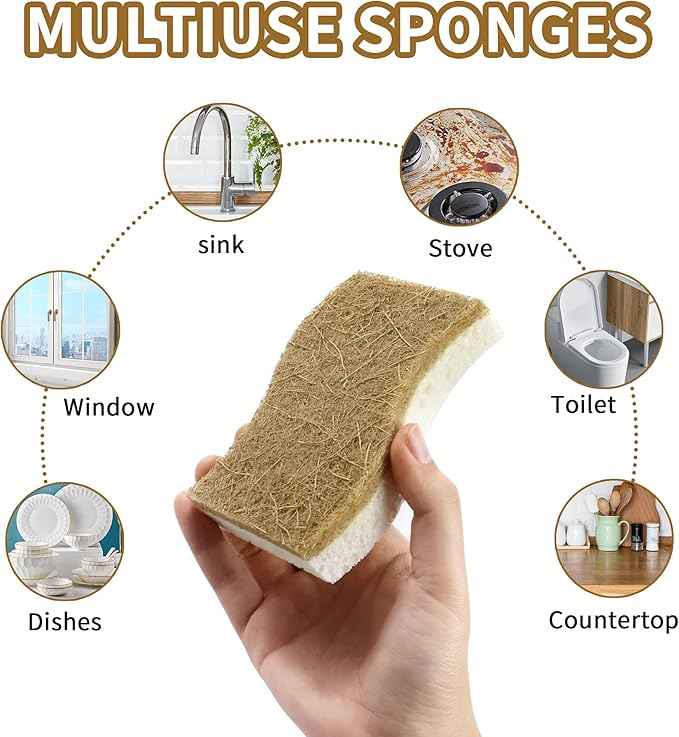 12 Pack Natural Kitchen Sponges, Biodegradable & Compostable | Non-Scratch Cellulose Coconut Fiber Sponges for Dishes, Pots & Pans | Eco-Friendly Cleaning Sponge