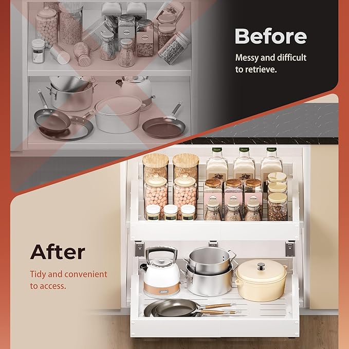 Pull Out Drawers for Cabinets, 1 Pack Slide Out Drawer Expandable Width (10"-16") and Depth (17"-25") with 3 Slide Rails, Fixed with Adhesive Film or Nail for Cabinets in Kitchen, Pantry or Bathroom