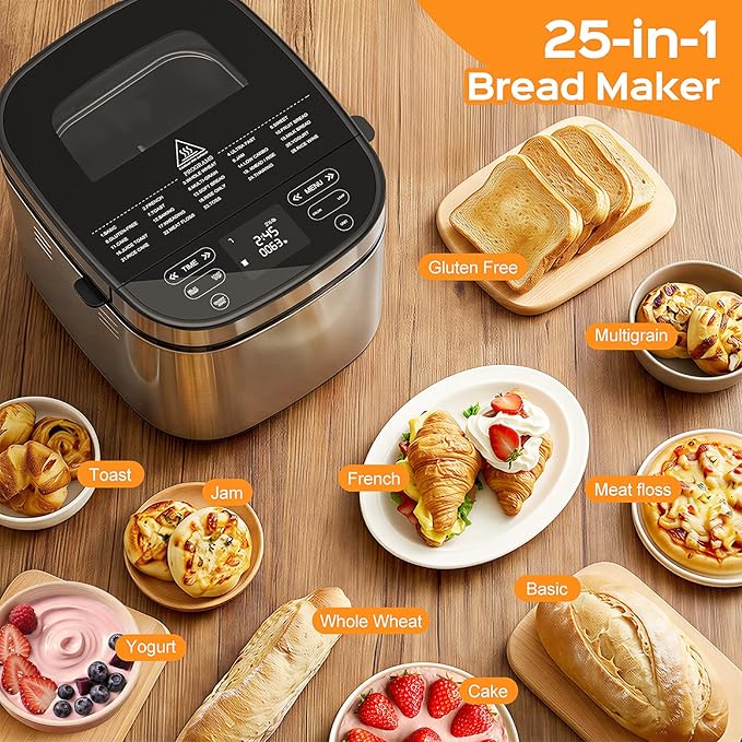 2.5LB Bread Maker with Built-in Electronic Scale, 25-in-1 Bread Machine, Beginner-Friendly with Adjustable Baking & Fermentation, Non-Stick Easy-Clean Pan, Quiet, 15H Delay, Recipes, White