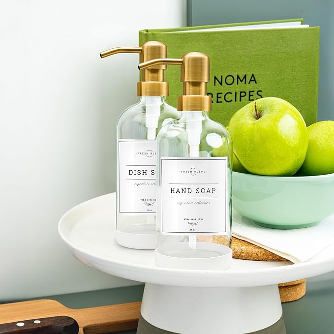 Vine Creations Glass Soap Dispenser, 2 Pack Kitchen Soap Dispenser Set with Stainless Steel Pump, 16 oz Dish Soap and Hand Soap Dispensers for Bathroom with Waterproof Labels (Clear)