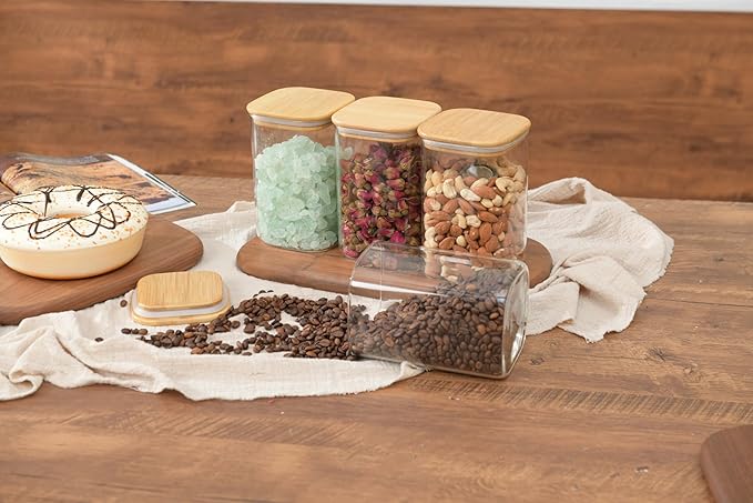 D2scrma 37oz Airtight Glass Square Storage Canister with Bamboo Lid Set of 4 (1100ml) Container Stackable Jar, Kitchen Canister for Pantry Noodles, Flour and Coffee beans (with Black Lable)