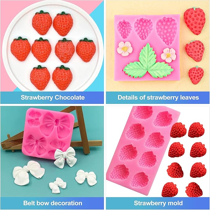 CoguZed 4 Pcs Strawberry and Bow Silicone Molds, Fruit and Leaf Fondant Mold for Chocolate, Candy Making, Cake Decorating and Clay Crafting