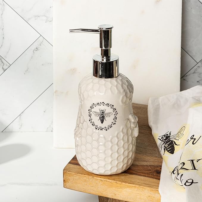 Young's Inc. Ceramic Honey Bee Soap Dispenser for Bathroom and Kitchen - White