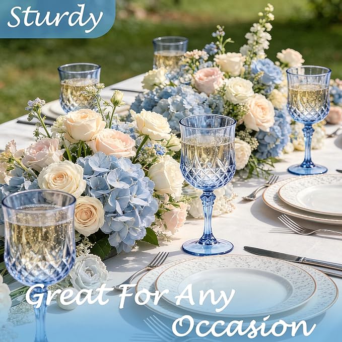 Plastic Wine Glasses, Plastic Goblets Vintage Style Cordial Unbreakable Drinking Glasses,Reusable Drinkware for Wedding Reception, Grand Event Party Supplies(12, Blue)