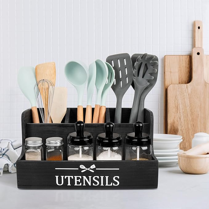 RedCall Extra Large Kitchen Utensils Holder 4 Compartments,Wood Utensil Organizer for Kitchen Countertop,Farmhouse Cooking Utensil Holder with Spice Storage space (Black)