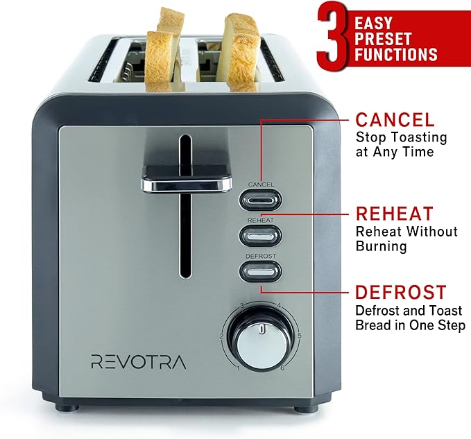 4 Slice Long Slot Stainless Steel Toaster with Extra Wide 1.5โ Slots, 6 Shade Browning Settings, Defrost Reheat Cancel Functions, Even Toasting for Artisan & Sourdough Bread, Removable Crumb Tray