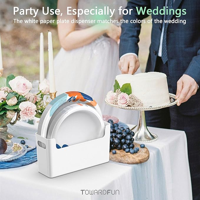 2Pcs Paper Plate Dispenser for 6-9.5 Inch Disposable Plates, Space-Saving Plastic, Foam and Paper Plate Storage Organizer for Cabinet, Countertop, RV or Outdoor (White)