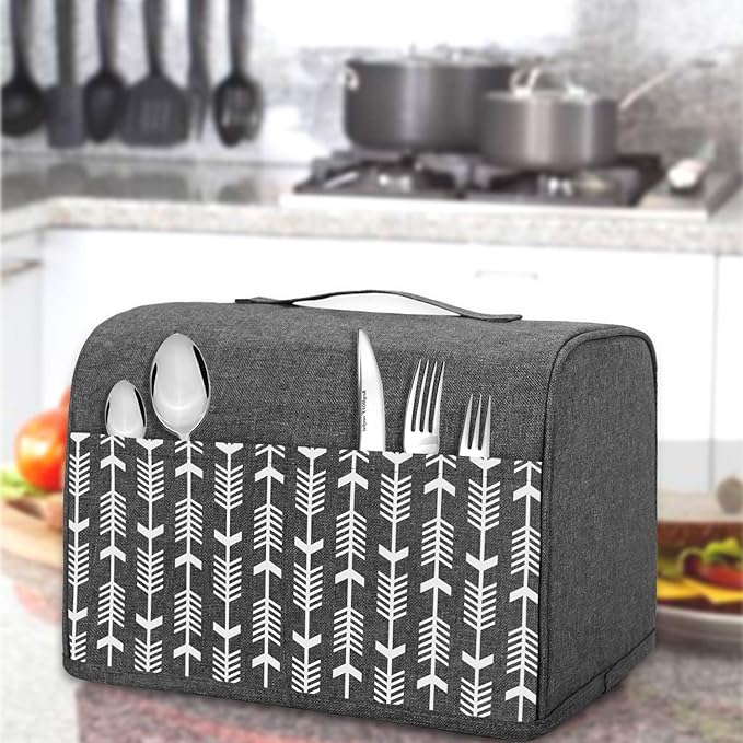 Yarwo 2 Slice Toaster Cover with Pockets and Top Handle, Nylon Toaster Cover Fits for Most Standard 2 slice Toasters, Gray with Arrow