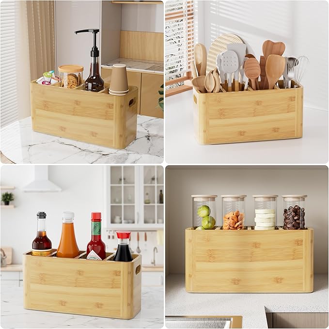 Bamboo Utensil Holder for Kitchen Counter, Extra Large Utensil Organizer for Countertop with 4 Compartments, Cooking Utensil Holder for Spatula Kitchen Storage