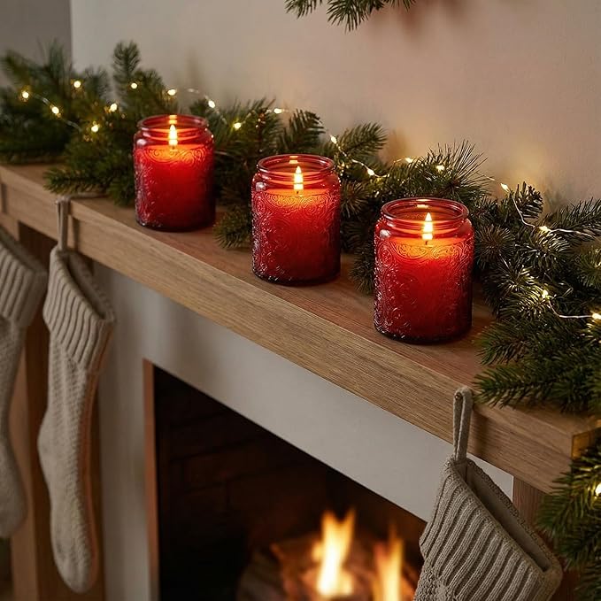 Art Secret 9-Pack 8oz Embossed Glass Candle Jars with Lids and Labels - Sun Moon Stars Design (Red)