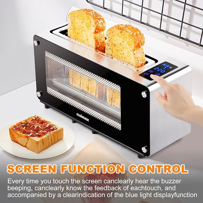 CUSIMAX Toaster 2 Slice Long Slot with Clear View Glass Window,One Touch Digital Control Presets with Automatic Lifting,Slide-out Glass Panel and Easy Clean Up Crumb Tray
