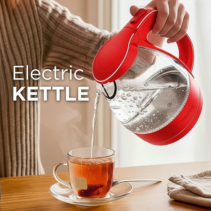 OVENTE Electric Kettle, 1.5L Borosilicate Glass Countertop Water Heater and Boiler for Coffee or Tea, BPA-Free, Auto Shut-Off, Boil-Dry Protection, Removable and Washable Spout Filter, Red KG83R