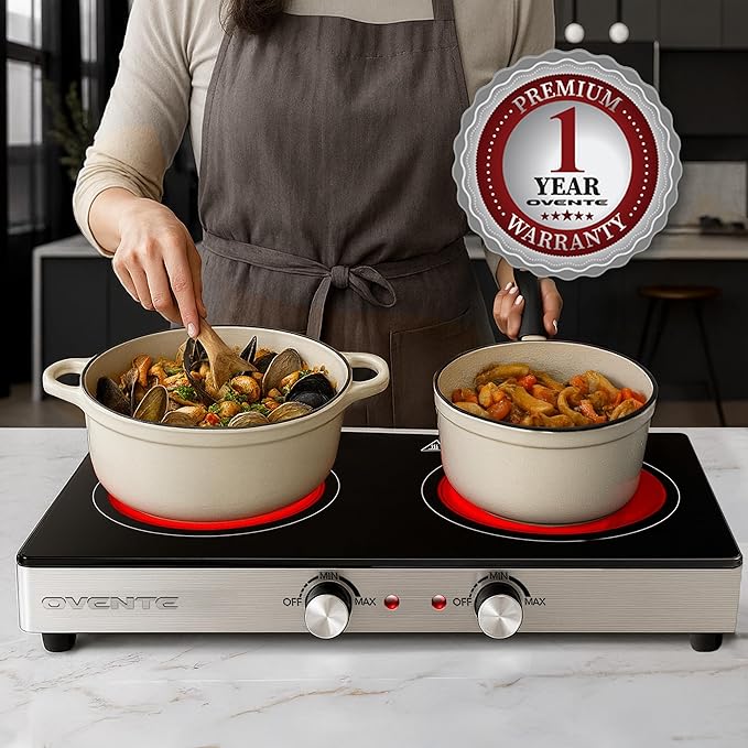 OVENTE Infrared Ceramic Double Burner, 1800W Electric Countertop Hot Plate with Black Crystalline Glass, Portable Stainless Steel Cooktop for Home, Office, or Dorm Use, Black BGI302GB
