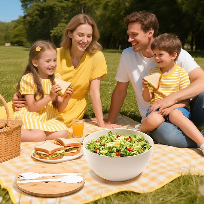 Salad Bowl with Lid, 12.6" Extra Large Bamboo Fiber Salad Bowl with Servers Set for Kitchen, Nature Bamboo Mixing and Serving Bowl with Lid, Spoon and Fork for Fruits,Salads and Vegetables (White)