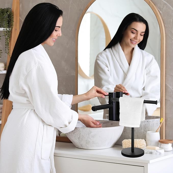 Luxury Hand Towel Holder Stand with Heavy Weighted Base, Matte Black Towel Rack, T-Shape, Freestanding Towel Stand for Bathroom Vanity or Kitchen Countertop, Waterproof Counter Organizer
