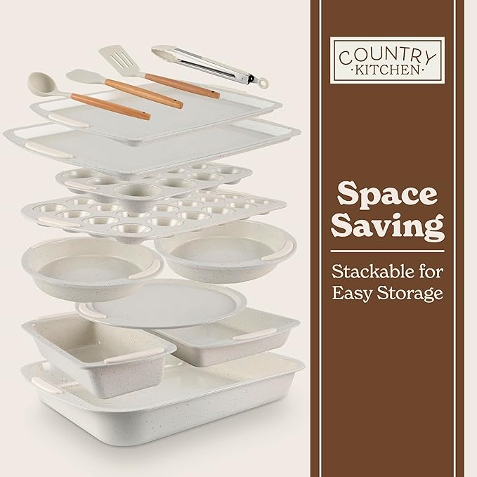 Country Kitchen Nonstick Stackable Bakeware Set - Durable, Easy Release Baking Set, Cream, 14 Pcs