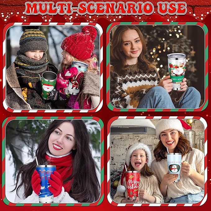 Mifoci 6 Pcs Christmas Tumblers 30oz Stainless Steel Christmas Travel Coffee Cup Double Insulated Vacuum Tumbler with Lid Straw Santa Claus Holiday Mug Gifts for Coworker Team Teacher (Cute)