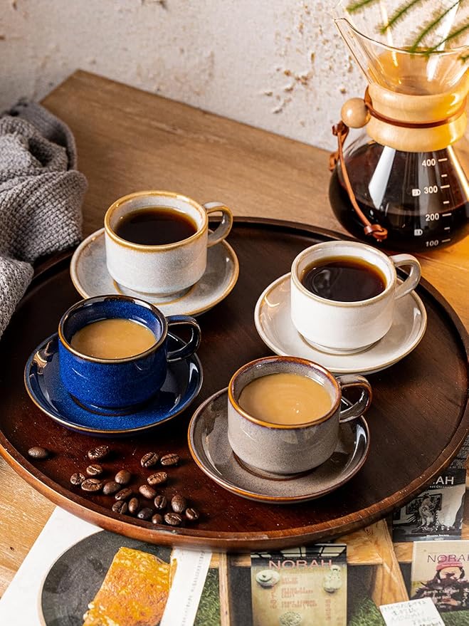 Gomakren Soap Dish for Shower, Bar Soap Holder, Ceramic Soap Dishes for Bar Soap & Small Stackable Coffee Cups with Saucers and Metal Stand, Porcelain Demitasse Cups