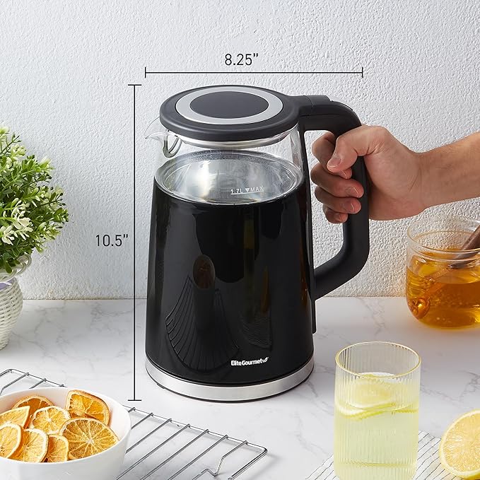 Elite Gourmet 1.7L Dual Wall Cool Touch Electric Tea Kettle, Borosilicate Glass, 304 Stainless Steel Interior, Programmed Digital Touchscreen, Keep Warm, Auto Off & Audible Indicator, Black