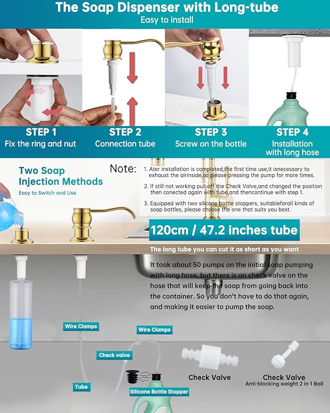 Brass Kitchen Soap Dispenser,Gold in Sink Liquid Dish Soap Dispenser, Under Sink Hand Metal Dispenser Pump, 47.2" Silicone Long Tube for 0.79 "- 1.38" Bottle Mouths