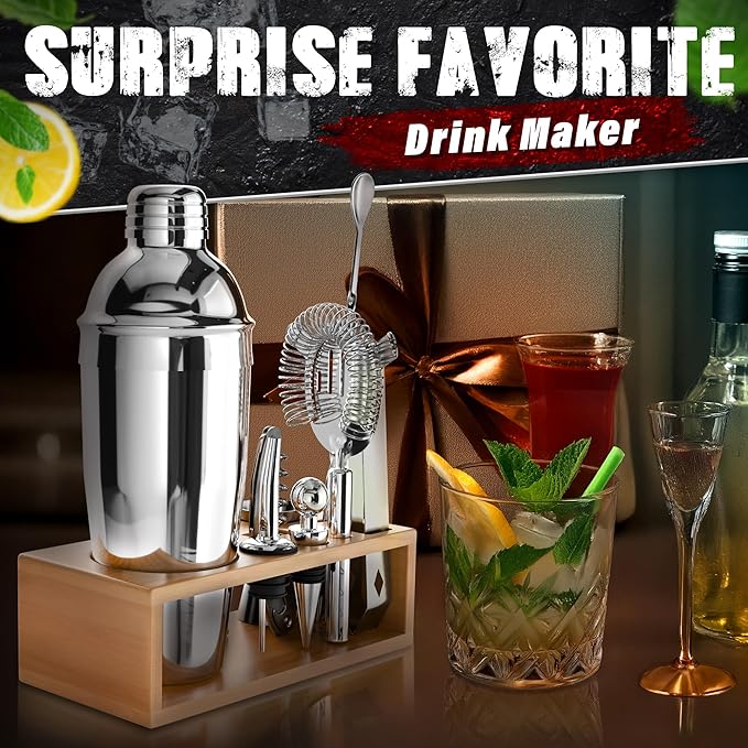 Cocktail Shaker Set of 10 – Stainless Steel Mixology Bartender Kit with 10 Accessories, Easy to Clean Bar Tool Set | Wooden Organizer for Home Bar Setup, Great Gift for Cocktail & Drink Enthusiasts
