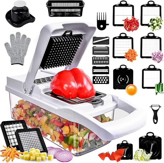 Vegetable Chopper,25 in 1 Multifunctional Food Chopper with Container,Kitchen Vegetable Slicer Dicer Cutter,Veggie Chopper Fruit Salad Potato,13 Blade Stainles Steel Blades๏ผWhite๏ผ