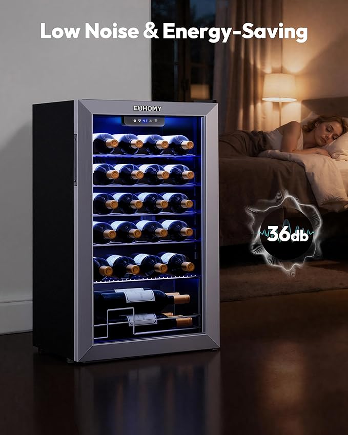 EUHOMY 25 bottle Wine Cooler Refrigerator, Freestanding Compressor Wine Fridge with Adjustable Temperature and Digital Control, Mini Fridge with Glass Door for Red White Wine, Beer, Silver