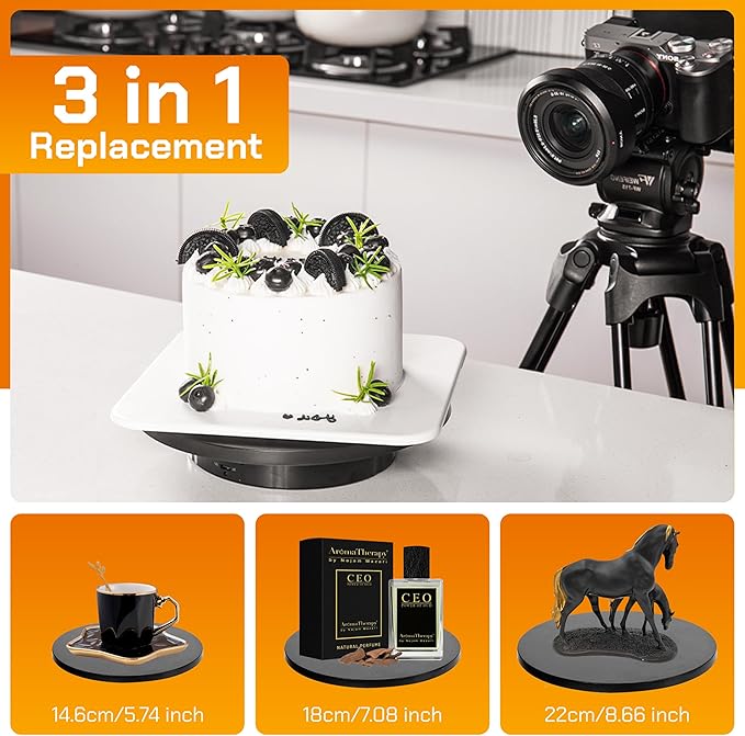 Remote control Motorized Rotating Display stand - 360° Electric Rotating Platform | 3-in-1 Sizes - 5.74", 7.08" and 8.66" Replacement Covers - Rechargeable Turn Table - Live Streaming & Photography