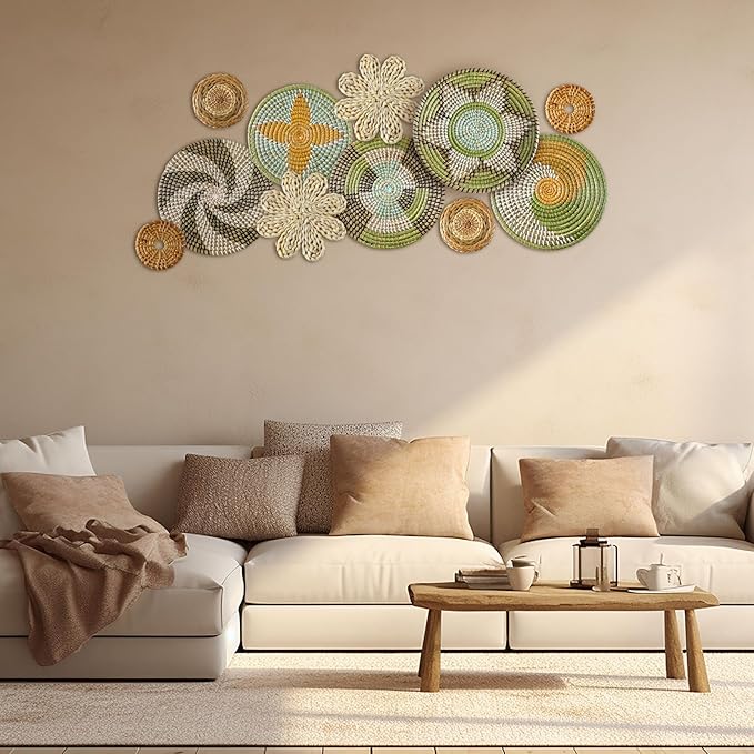 Tatuo 11 Pcs Boho Wall Basket Decor Bulrush Woven Wall Hanging Art Round Farmhouse Rustic Handmade Wicker for Summer Home, Bedroom, Living Room, Kitchen Decorations, Multi Sizes(Stylish)