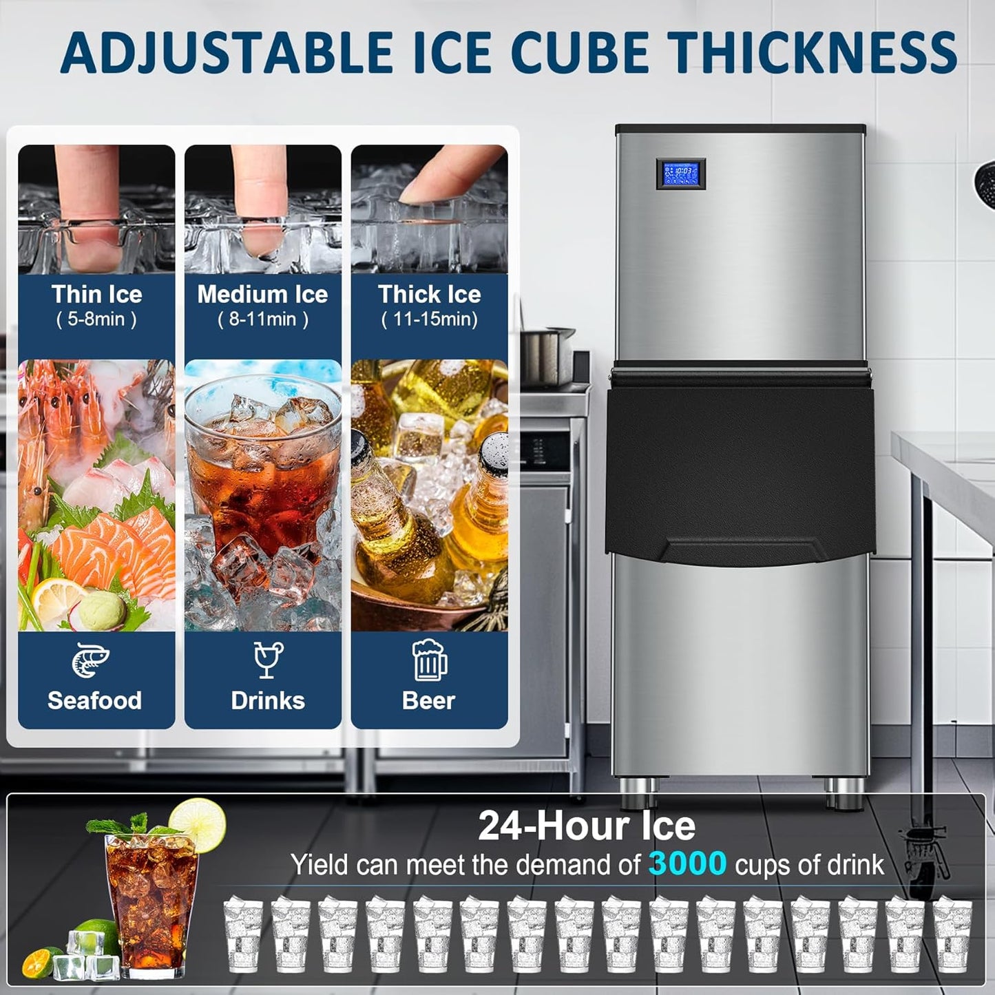 Commercial Ice Maker Machine 460LBS/24H 360LBS Ice Bin LCD Touch Screen Self Cleaning Function Freestanding Ice Maker 156 Counts Ice Ready in 5-10 min Clear Ice Cube for Cafe, Bar, Home