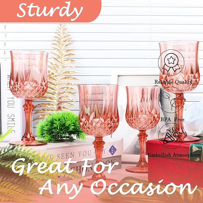 Plastic Wine Glasses, Plastic Goblets Vintage Style Cordial Unbreakable Drinking Glasses, Reusable Drinkware for Wedding Reception, Grand Event Party Supplies (24, Rose Gold)
