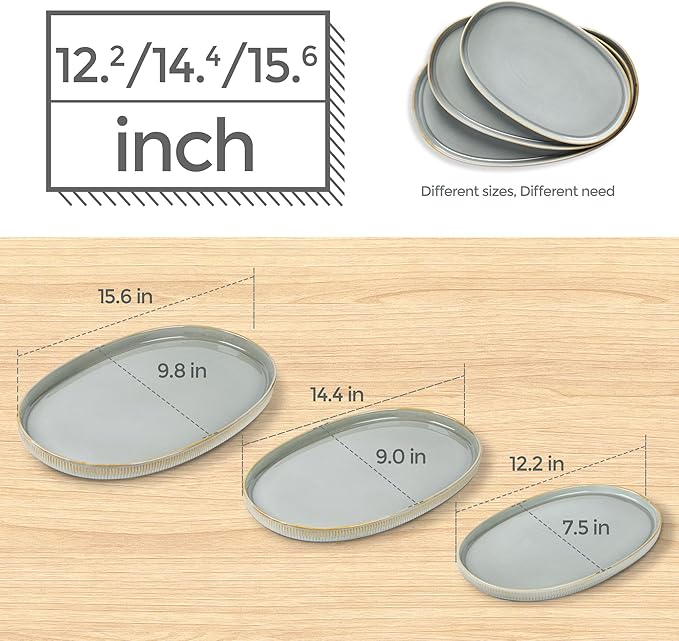 theterra Ceramic Serving Platter, 15.6"/14.4"/12.2" Oval Serving Dishes for Entertaining, Oven Safe, Microwave Safe, Serving Plates Set of 3 for Wedding, Party, Turkey, Desert Sage