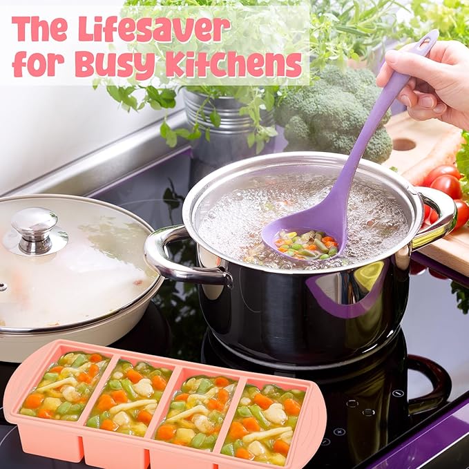 4 Pack Silicone Freezer Trays with Lid, 1/5, 1/2, 1, and 2 Cup Soup Freezer Molds Set Stainless Steel Frame Ice Cube Tray for Meal Prep Freezing Soup Stews Sauces Oven Microwave Safe(Pink)