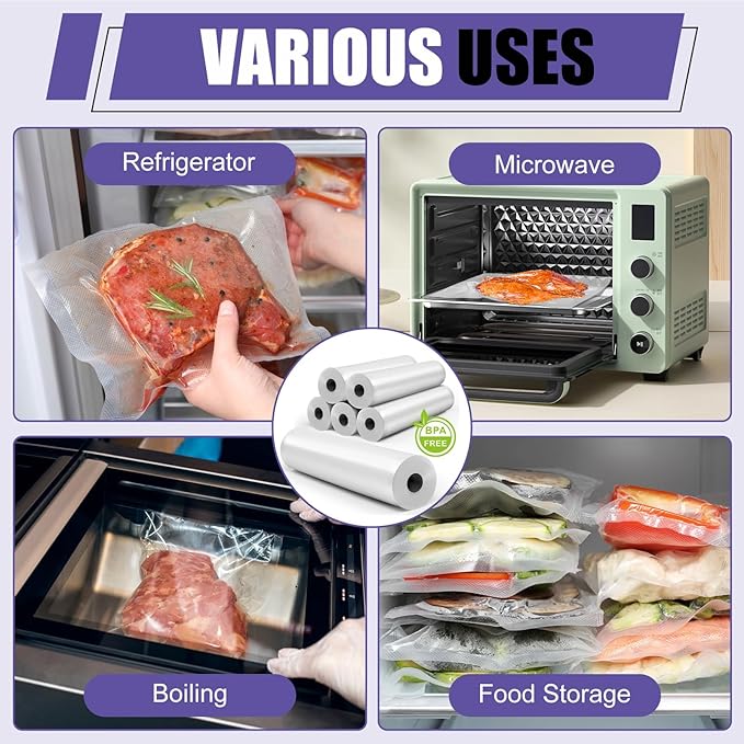 CAREGY Food Vacuum Sealer Rolls Bags 12 Pack 6 Rolls 8'' x 20' and 6 Rolls 11''x 20' Commercial Grade BPA Free Bag Rolls Embossed Food Saver Bags for Meal Prep,Sous Vide Cooking and Food Storage