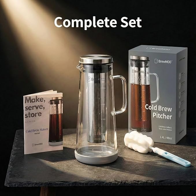 Cold Brew Coffee Maker Pitcher, 1.4L/48Oz Airtight Borosilicate Glass Carafe with 150 Mesh Precision Filter | Barista Grade Iced Coffee Maker, Integrated Glass Handle & Non Slip Base (Grey)