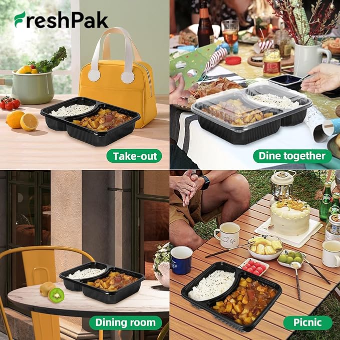 Takeout Containers Reusable 40 Pack 41oz - Shrink Wrap Leakproof | Portion Control Leftovers Plastic Container with Lid | BPA Free Freezer & Microwave Safe Meal Prep | 2 Compartment Lunch Box