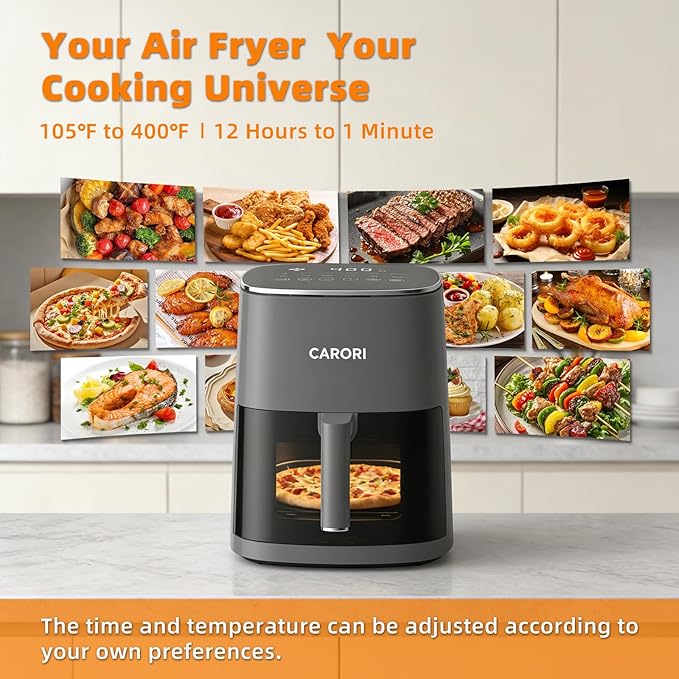 CARORI 6QT Air Fryer with Viewing Window, 12 Cooking Presets, 1700W Fast & Even Cooking, Max 400℉ Crisping, Bake, Roast, Reheat & Dehydrate, Large Nonstick Basket, Dishwasher Safe, Gray