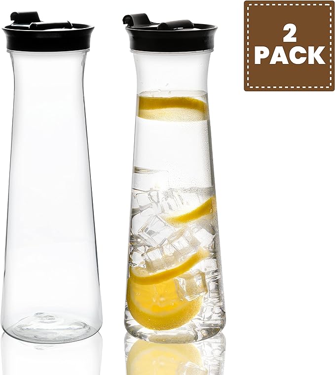 Clear Plastic Water Pitchers Carafes with Flip top Black Lids 34 OZ Heavy Duty Beverage Pitcher Jug for Juice or iced Coffee Great for Mimosa bar Restuarants ot Schools Pack of 2